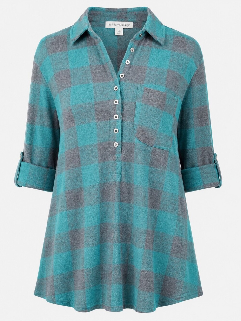 SOFT SURROUNDINGS | Teal Gray Flannel Check Plaid Roll Tab Swing Tunic Top | XS